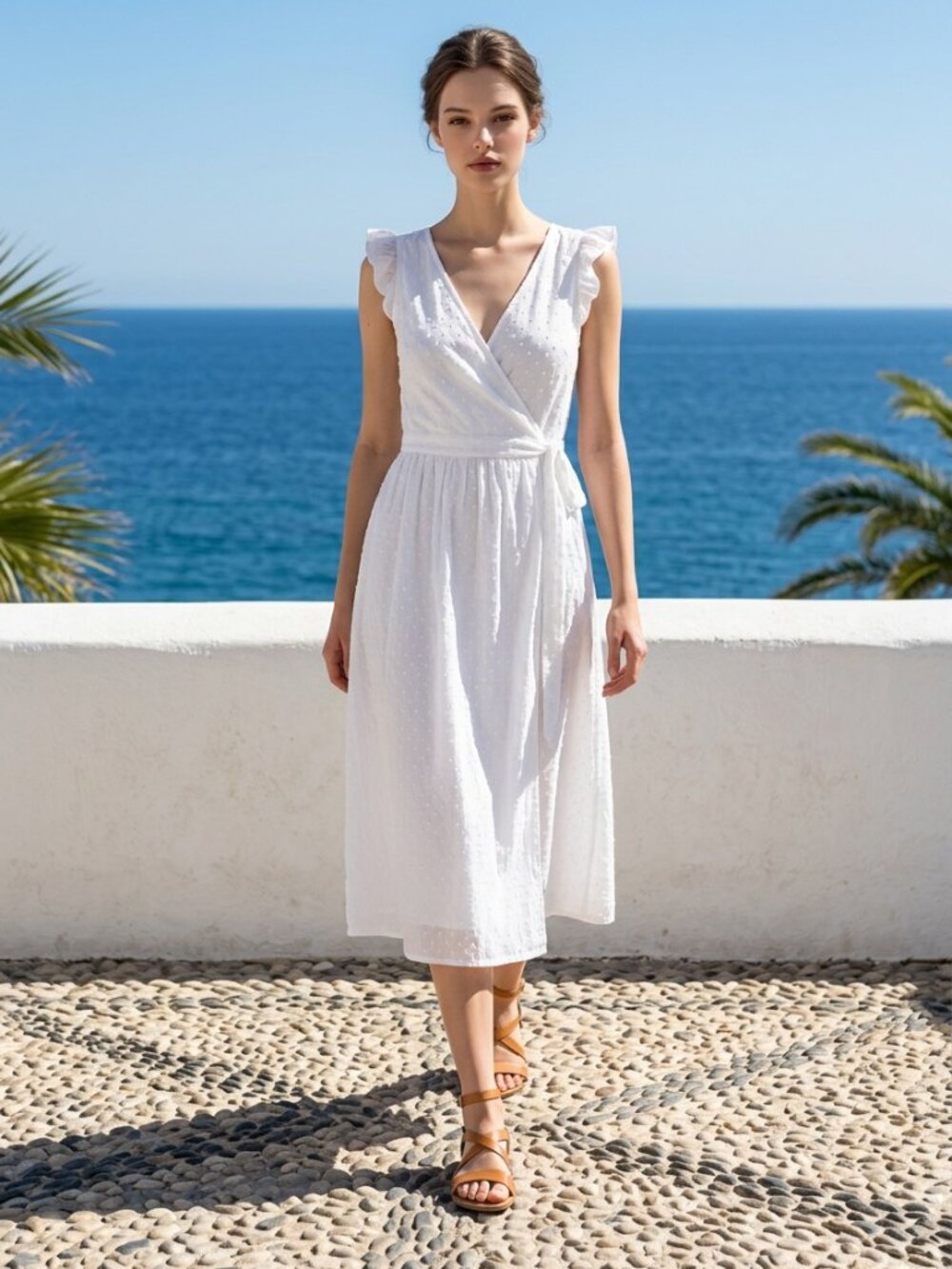 LOFT White Swiss Dot Wrap Dress XS Flutter Sleeve Cotton Midi Dress